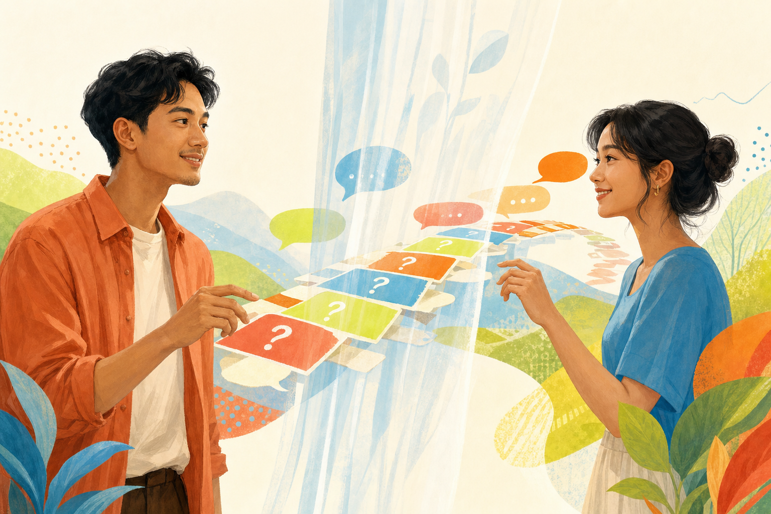 Hai người tò mò tìm hiểu nhau qua một lớp màn sáng và nhịp cầu câu hỏi