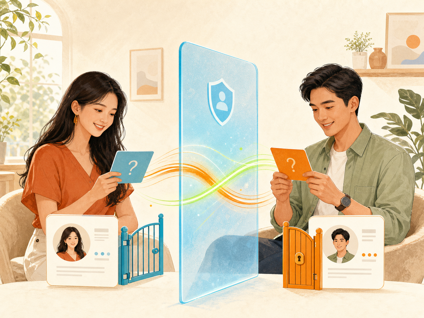 Hai người đọc câu hỏi qua lớp bảo vệ và tự kiểm soát cánh cổng hồ sơ